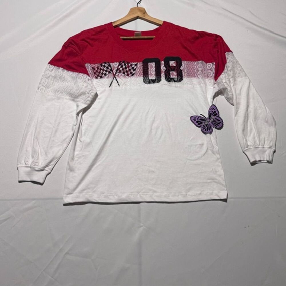 Vibe N Y2K Race Car Graphic Lace Long Sleeve Top Red White Women’s Medium